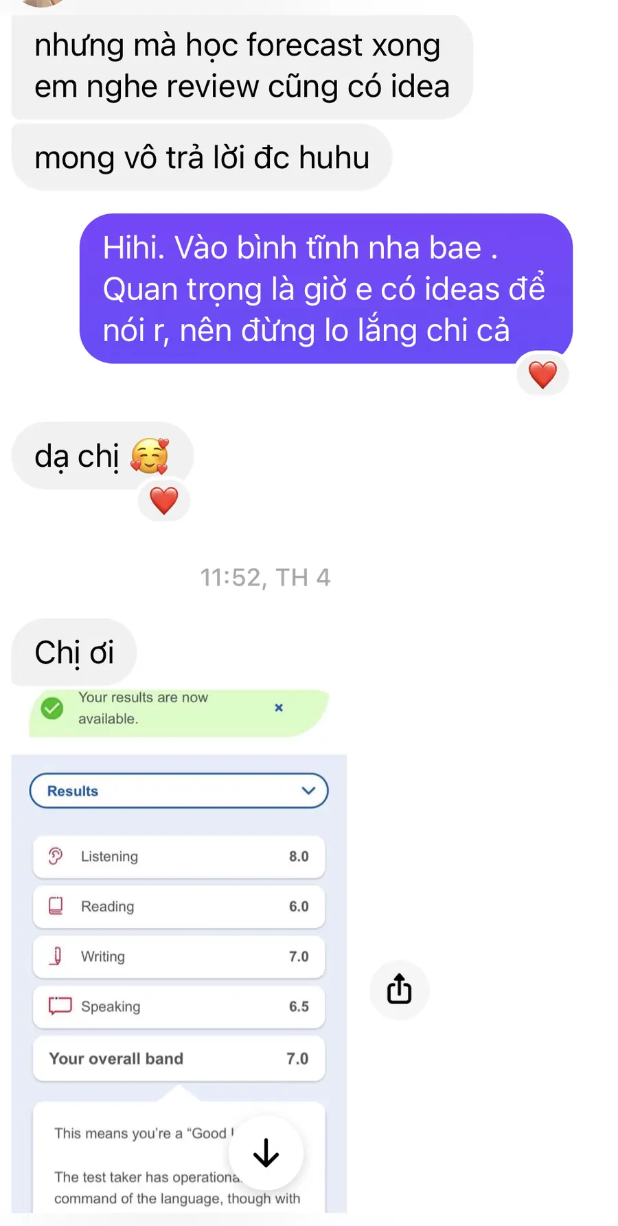 Tin nhắn sau buổi học MS Chin IELTS 8