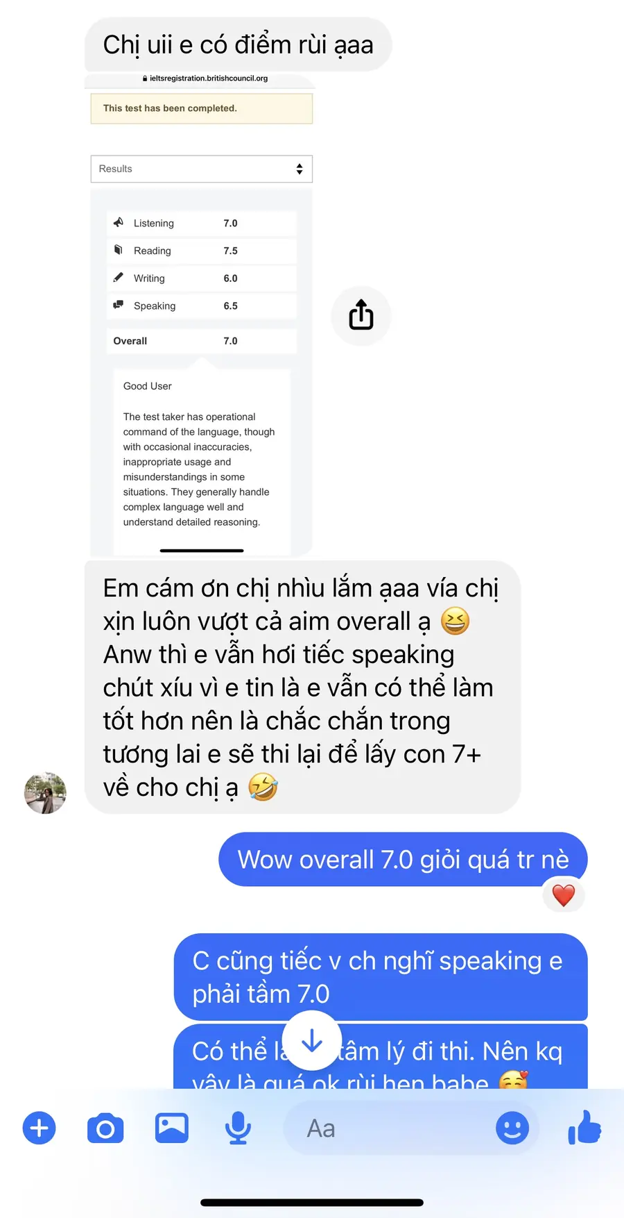 Kết quả Overall MS Chin IELTS 27