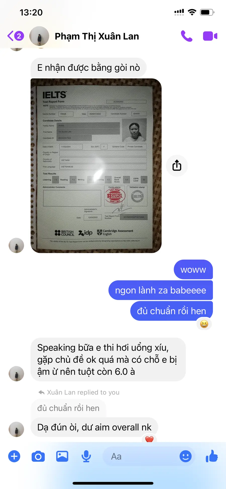 Học viên đạt aim MS Chin IELTS 29